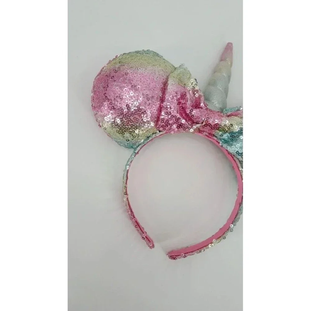 Disney Parks Minnie Mouse Unicorn Ears Pastel Rainbow Sequin Horn Bow